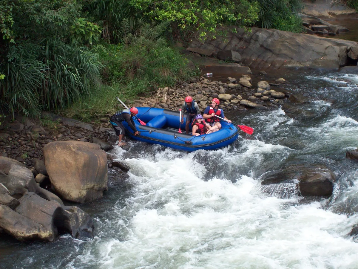 Green riverbanks along the Kelani River in Kitulgala